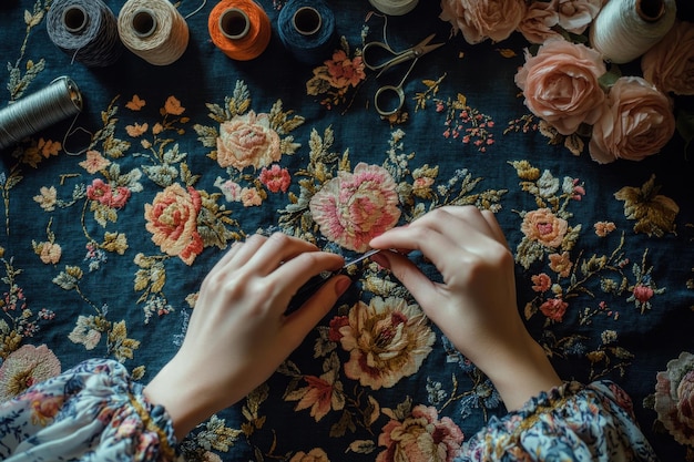 Zbliżenie na haftowaną kwiatową kompozycję